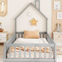 Lit Cabane 90 x 200 cm - Lit enfant Forme Cheminée - Pin + MDF - Sans Matelas - Gris