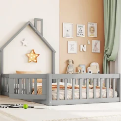 Lit Cabane 90 x 200 cm - Lit enfant Forme Cheminée - Pin + MDF - Sans Matelas - Gris