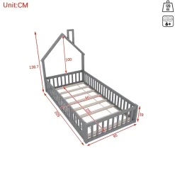 Lit Cabane 90 x 200 cm - Lit enfant Forme Cheminée - Pin + MDF - Sans Matelas - Gris