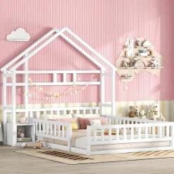 Lit Cabane 140 x 200 cm - Lit enfant avec Balustrade et Tables de Chevet - Bois + MDF - Sans Matelas - Blanc