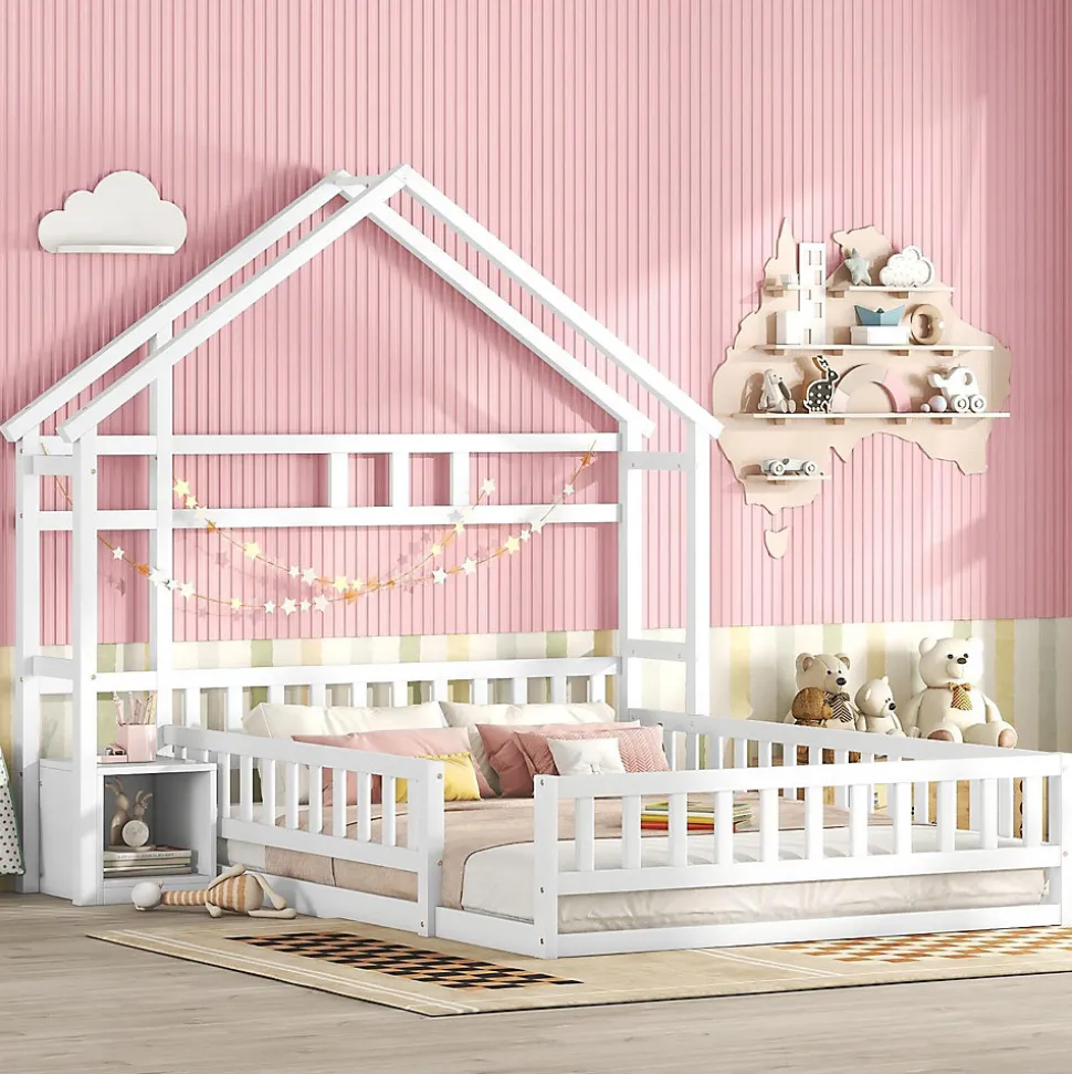 Lit Cabane 140 x 200 cm - Lit enfant avec Balustrade et Tables de Chevet - Bois + MDF - Sans Matelas - Blanc
