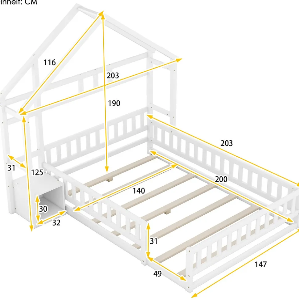Lit Cabane 140 x 200 cm - Lit enfant avec Balustrade et Tables de Chevet - Bois + MDF - Sans Matelas - Blanc