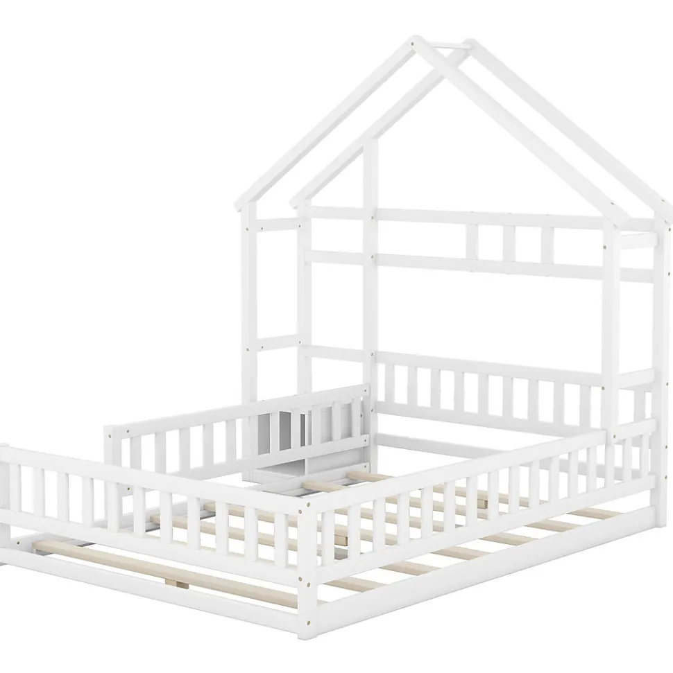 Lit Cabane 140 x 200 cm - Lit enfant avec Balustrade et Tables de Chevet - Bois + MDF - Sans Matelas - Blanc