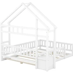 Lit Cabane 140 x 200 cm - Lit enfant avec Balustrade et Tables de Chevet - Bois + MDF - Sans Matelas - Blanc