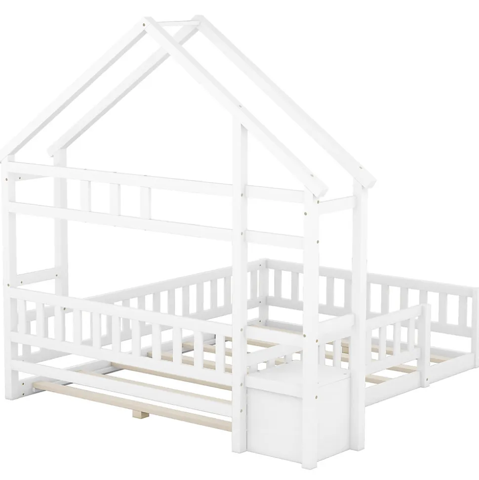 Lit Cabane 140 x 200 cm - Lit enfant avec Balustrade et Tables de Chevet - Bois + MDF - Sans Matelas - Blanc