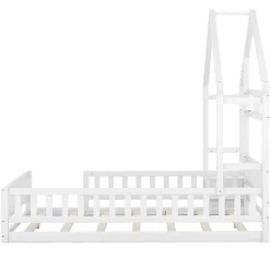 Lit Cabane 140 x 200 cm - Lit enfant avec Balustrade et Tables de Chevet - Bois + MDF - Sans Matelas - Blanc