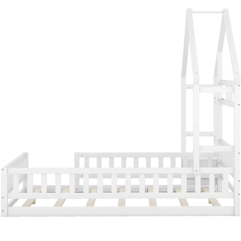 Lit Cabane 140 x 200 cm - Lit enfant avec Balustrade et Tables de Chevet - Bois + MDF - Sans Matelas - Blanc
