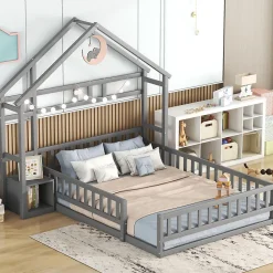 Lit Cabane 140 x 200 cm - Lit enfant avec Balustrade et Tables de Chevet - Bois + MDF - Sans Matelas - Gris