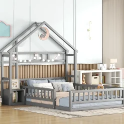 Lit Cabane 140 x 200 cm - Lit enfant avec Balustrade et Tables de Chevet - Bois + MDF - Sans Matelas - Gris