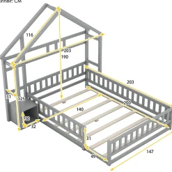 Lit Cabane 140 x 200 cm - Lit enfant avec Balustrade et Tables de Chevet - Bois + MDF - Sans Matelas - Gris