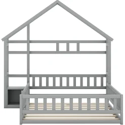 Lit Cabane 140 x 200 cm - Lit enfant avec Balustrade et Tables de Chevet - Bois + MDF - Sans Matelas - Gris