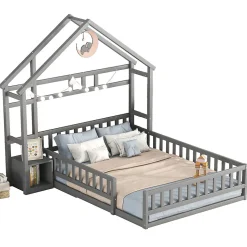 Lit Cabane 140 x 200 cm - Lit enfant avec Balustrade et Tables de Chevet - Bois + MDF - Sans Matelas - Gris