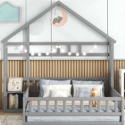 Lit Cabane 140 x 190 cm - Lit enfant avec Balustrade et Tables de Chevet - Bois + MDF - Sans Matelas - Gris