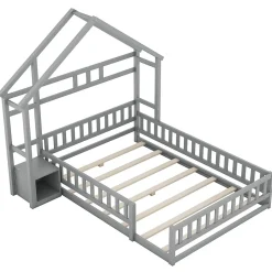 Lit Cabane 140 x 190 cm - Lit enfant avec Balustrade et Tables de Chevet - Bois + MDF - Sans Matelas - Gris