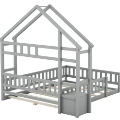 Lit Cabane 140 x 190 cm - Lit enfant avec Balustrade et Tables de Chevet - Bois + MDF - Sans Matelas - Gris