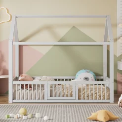 Lit Cabane 90 x 200 cm - Lit Simple avec Cadre en Bois et Sommier à Lattes - Pin + MDF - Sans Matelas - Blanc