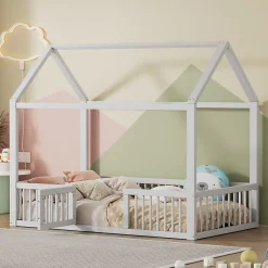 Lit Cabane 90 x 200 cm - Lit Simple avec Cadre en Bois et Sommier à Lattes - Pin + MDF - Sans Matelas - Blanc