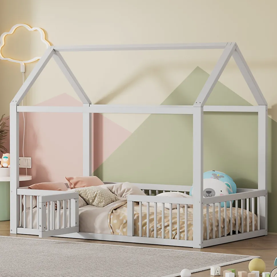 Lit Cabane 90 x 200 cm - Lit Simple avec Cadre en Bois et Sommier à Lattes - Pin + MDF - Sans Matelas - Blanc