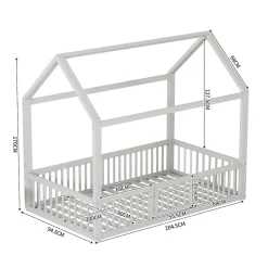 Lit Cabane 90 x 200 cm - Lit Simple avec Cadre en Bois et Sommier à Lattes - Pin + MDF - Sans Matelas - Blanc