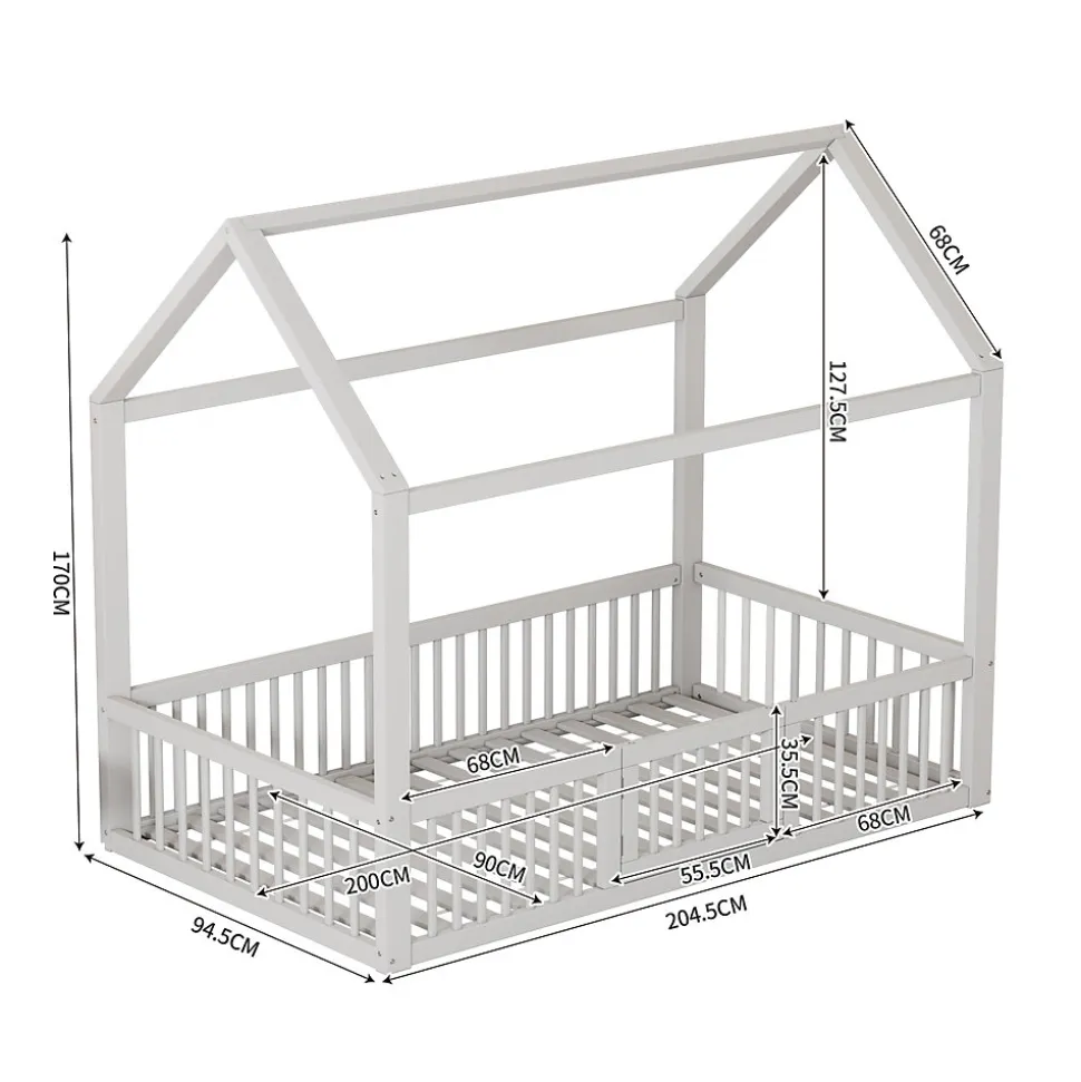 Lit Cabane 90 x 200 cm - Lit Simple avec Cadre en Bois et Sommier à Lattes - Pin + MDF - Sans Matelas - Blanc