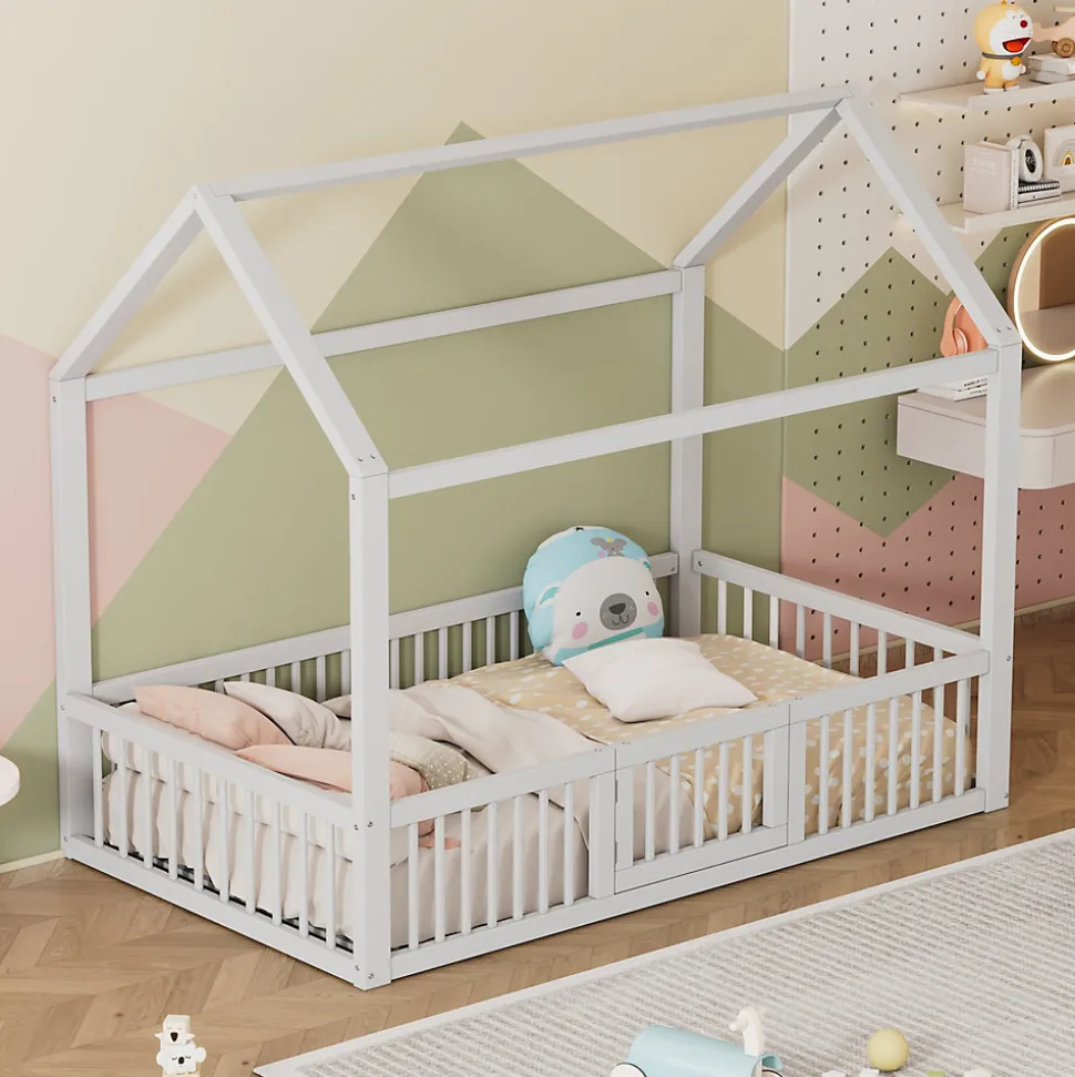 Lit Cabane 90 x 200 cm - Lit Simple avec Cadre en Bois et Sommier à Lattes - Pin + MDF - Sans Matelas - Blanc