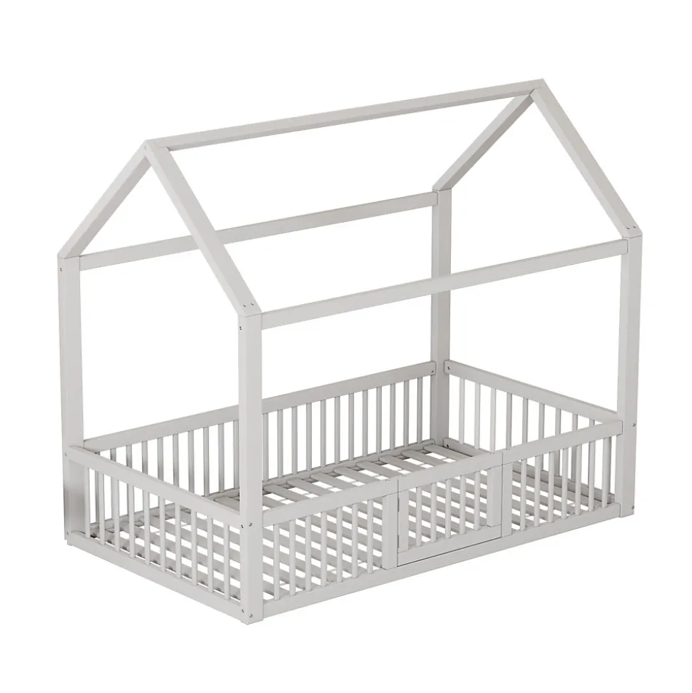 Lit Cabane 90 x 200 cm - Lit Simple avec Cadre en Bois et Sommier à Lattes - Pin + MDF - Sans Matelas - Blanc