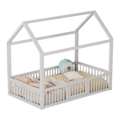 Lit Cabane 90 x 200 cm - Lit Simple avec Cadre en Bois et Sommier à Lattes - Pin + MDF - Sans Matelas - Blanc