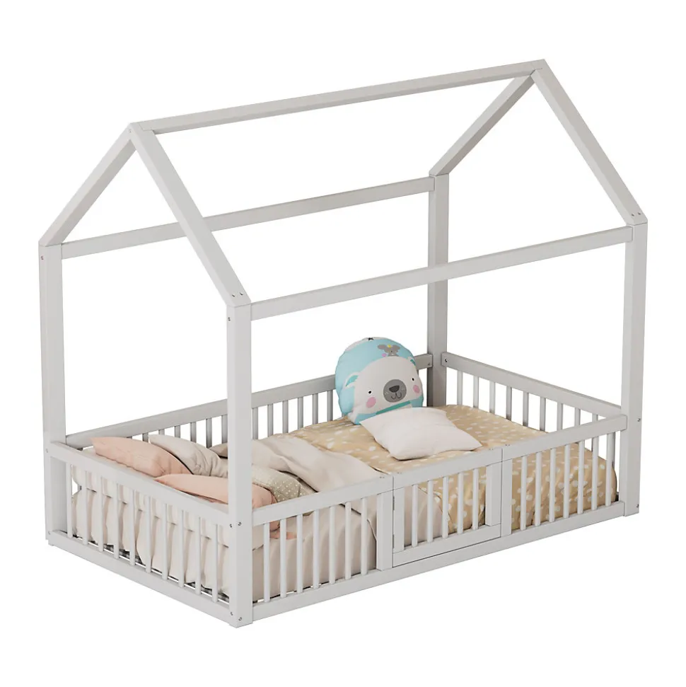 Lit Cabane 90 x 200 cm - Lit Simple avec Cadre en Bois et Sommier à Lattes - Pin + MDF - Sans Matelas - Blanc