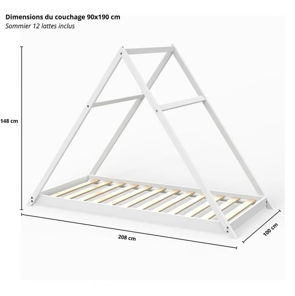Lit cabane APACHE 90x190 + 1 sommier / Blanc