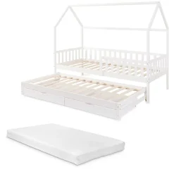 Lit cabane double Aarghonmaa avec matelas 90 x 200 cm blanc en.casa