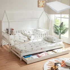 Lit cabane double Aarghonmaa avec matelas 90 x 200 cm blanc en.casa