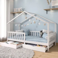 Lit cabane ELEA avec tiroirs, 90 x 200 cm en pin massif lasuré blanc