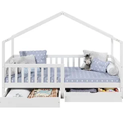 Lit cabane ELEA avec tiroirs, 90 x 200 cm en pin massif lasuré blanc