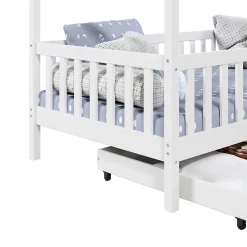 Lit cabane ELEA avec tiroirs, 90 x 200 cm en pin massif lasuré blanc