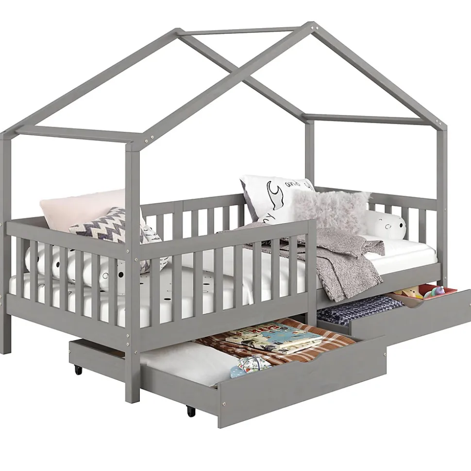 Lit cabane ELEA avec tiroirs, 90 x 200 cm en pin massif lasuré gris