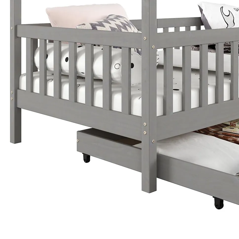 Lit cabane ELEA avec tiroirs, 90 x 200 cm en pin massif lasuré gris