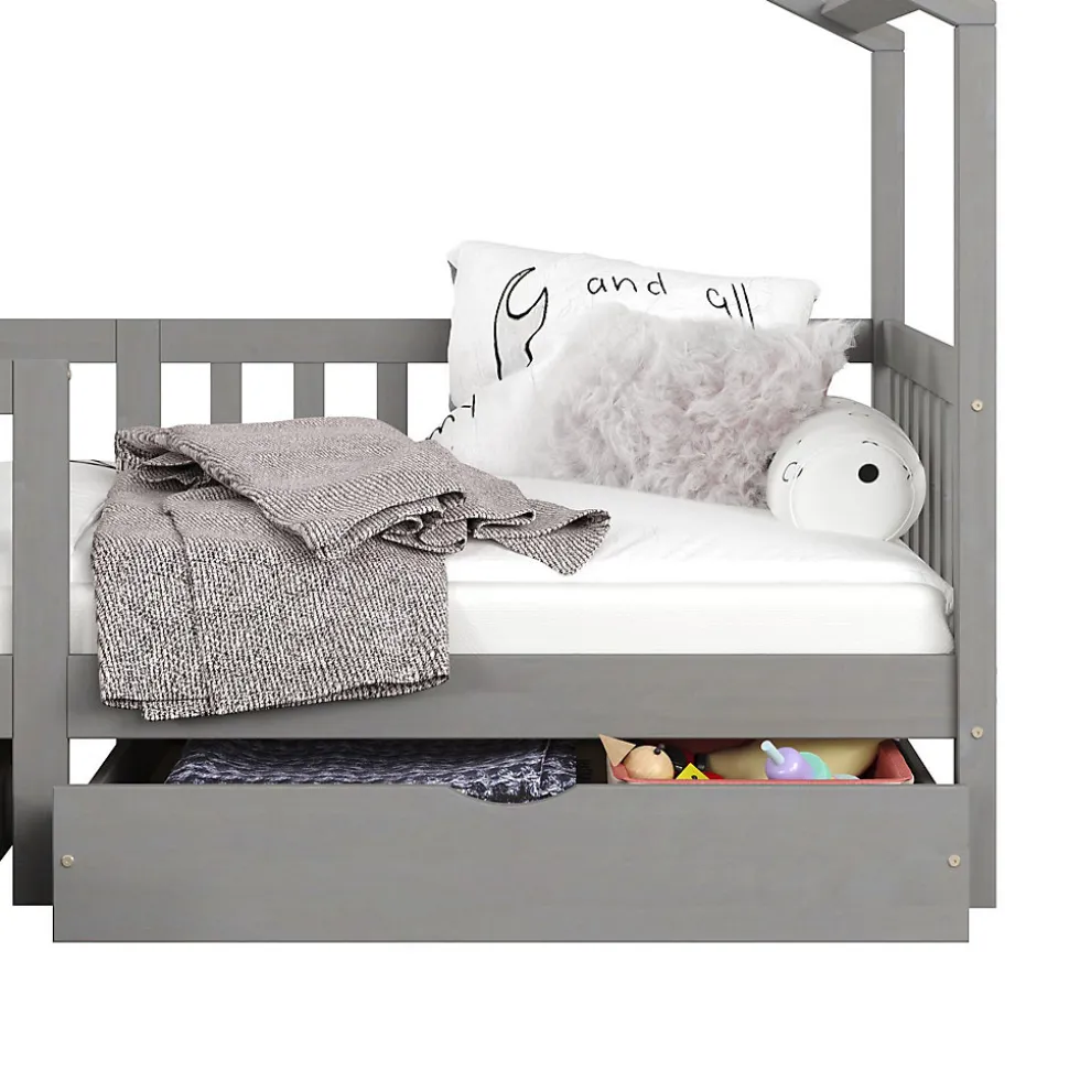 Lit cabane ELEA avec tiroirs, 90 x 200 cm en pin massif lasuré gris