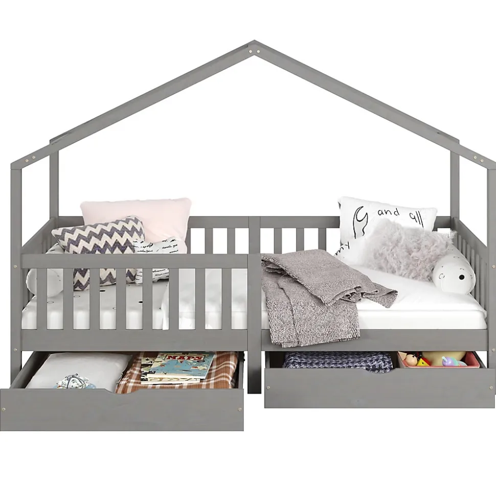 Lit cabane ELEA avec tiroirs, 90 x 200 cm en pin massif lasuré gris