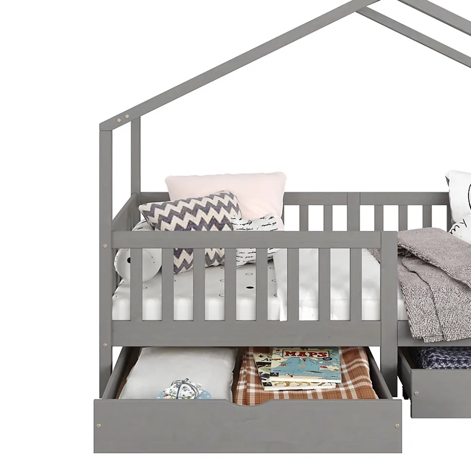 Lit cabane ELEA avec tiroirs, 90 x 200 cm en pin massif lasuré gris