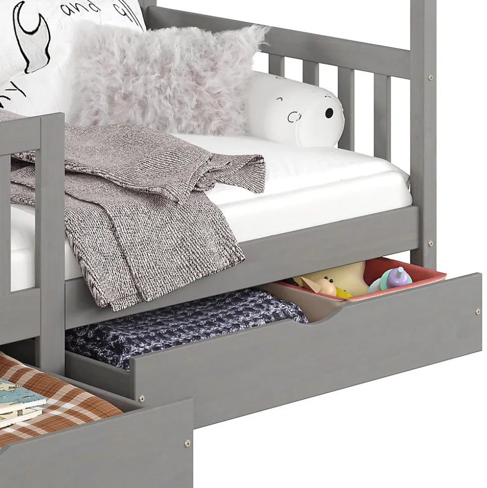 Lit cabane ELEA avec tiroirs, 90 x 200 cm en pin massif lasuré gris