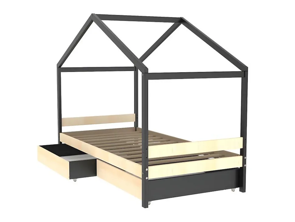 Lit cabane ELFIA - 2 tiroirs - 90 x 190 cm - Epicéa massif - Naturel et Noir