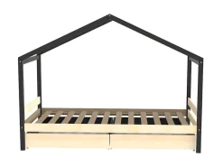 Lit cabane ELFIA - 2 tiroirs - 90 x 190 cm - Epicéa massif - Naturel et Noir