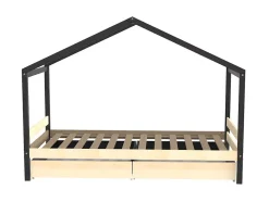 Lit cabane ELFIA - 2 tiroirs - 90 x 190 cm - Epicéa massif - Naturel et Noir