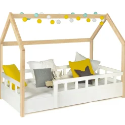 Lit cabane enfant 80 x 160 CM NEREE blanc et hêtre avec sommier et barrières