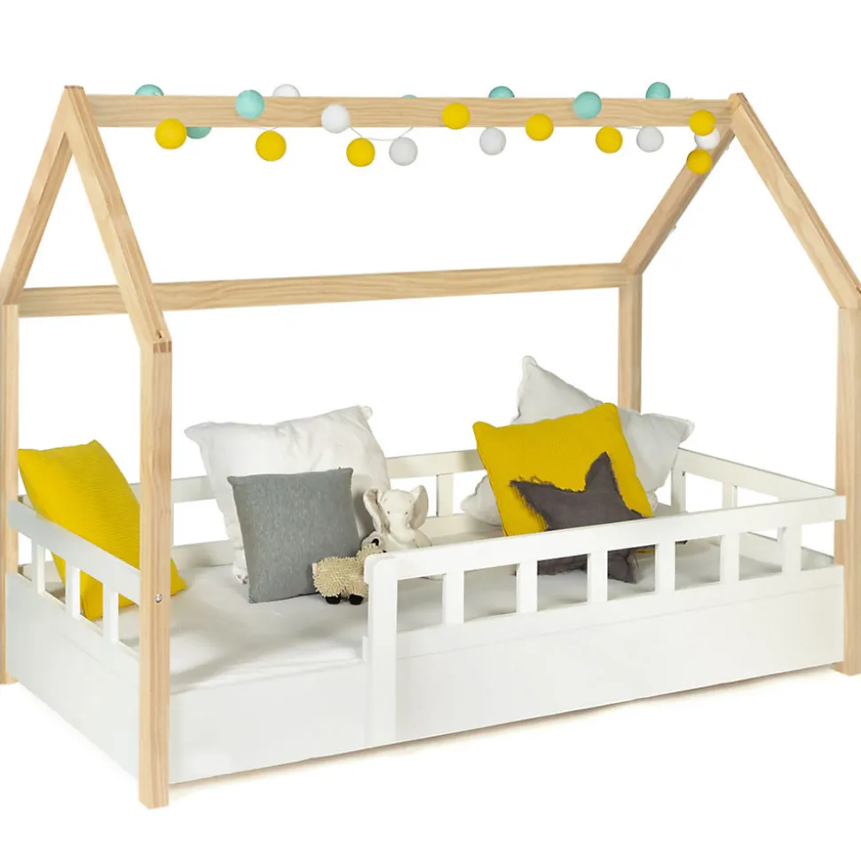 Lit cabane enfant 80 x 160 CM NEREE blanc et hêtre avec sommier et barrières