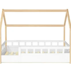 Lit cabane enfant 80 x 160 CM NEREE blanc et hêtre avec sommier et barrières