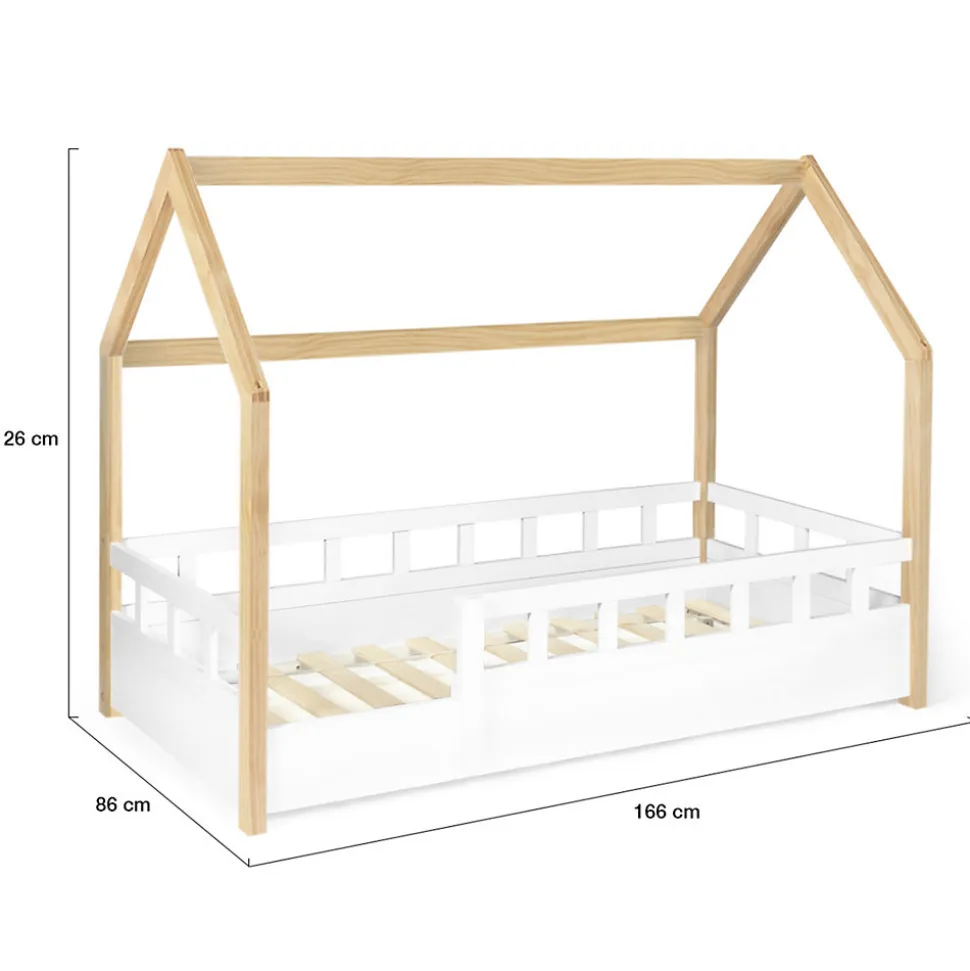 Lit cabane enfant 80 x 160 CM NEREE blanc et hêtre avec sommier et barrières