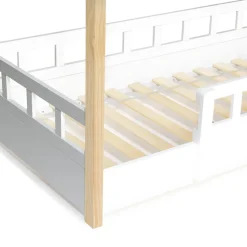 Lit cabane enfant 80 x 160 CM NEREE blanc et hêtre avec sommier et barrières