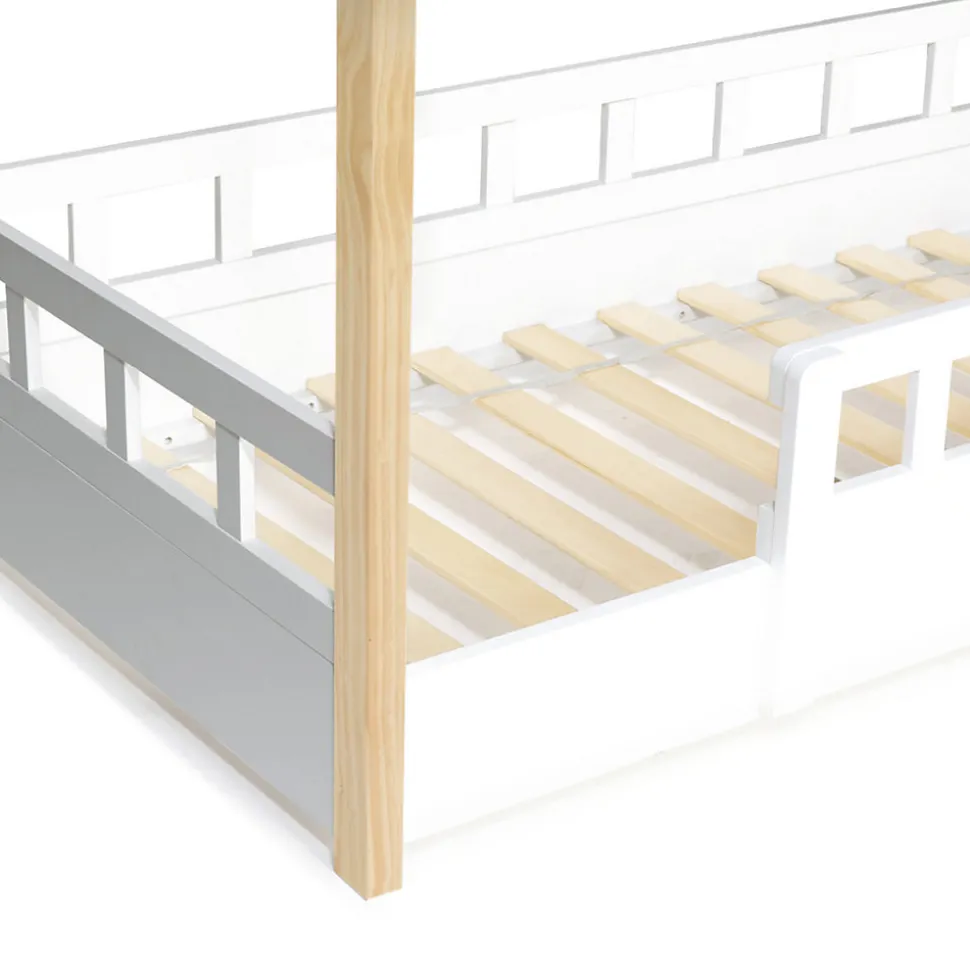 Lit cabane enfant 80 x 160 CM NEREE blanc et hêtre avec sommier et barrières