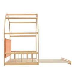 Lit cabane enfant extensible 140x100-200 cm avec lit gigogne, cadre en pin, coussins en velours, coloris bois naturel et orange